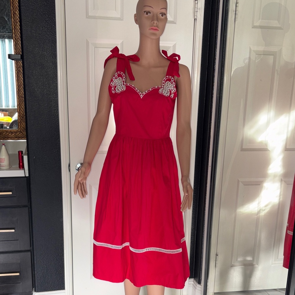 1950s rockabilly Vintage Red Midi Dress embellished with Bow Straps